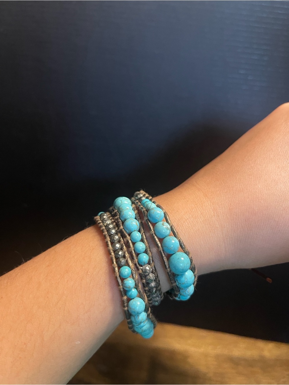 Chan luu wrap around turquoise pyrite leather bracelet